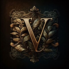 Luxury vintage letter with floral ornament. Letter V in the center.