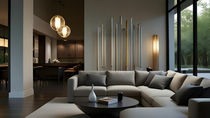 Design a modern living room with a statement lighting