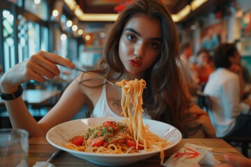 Woman enjoying a delicious hot pasta dish in a cozy cafe, savoring every bite with delight.