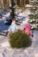 Girls Pulling A Tree