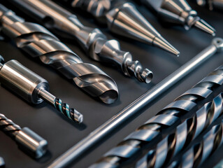 A close-up photo of various metallic drill bits arranged in a spiral layout on a matte black background