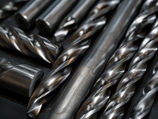 A close-up photo of various metallic drill bits arranged in a spiral layout on a matte black background
