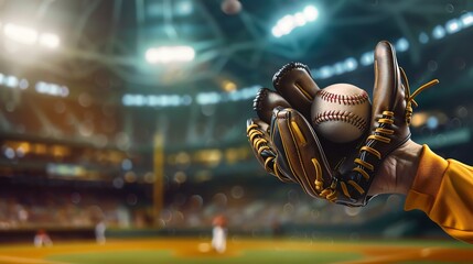 Close-up of a baseball glove catching a ball during a game under stadium lights. Focus on action, excitement, and sport in a dynamic environment.