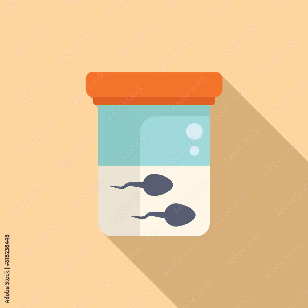 Poster flat design icon of a sperm sample container with a red lid on a light brown background