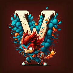 Superhero letter W with fire and blue splash. Cartoon character.
