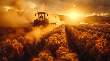 Fototapeta premium A golden tractor diligently tills the earth as the sky transitions from a vibrant sunrise to a soft sunset, surrounded by lush green grass and towering wheat, symbolizing hard work and beauty.