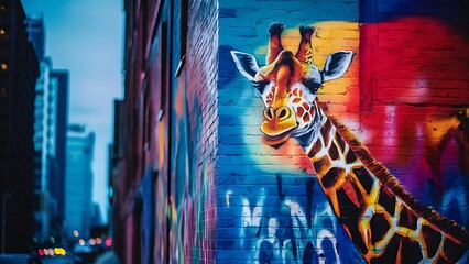 Giraffe a spray painted in the brick wall, street art concept.