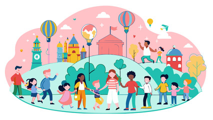 Vibrant Community Park Scene with Diverse People and Family Activities. Vector illustration for World Population Day