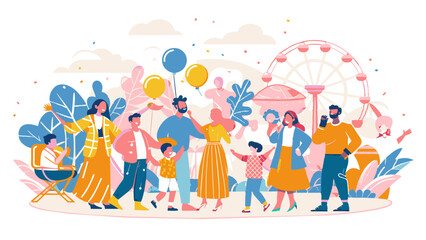 Colorful Family Enjoying a Fun Day at an Amusement Park. Vector illustration for World Population Day