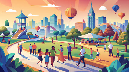 Fototapeta premium Vibrant Urban Park Scene with People Enjoying Outdoor Activities. Vector illustration for World Population Day