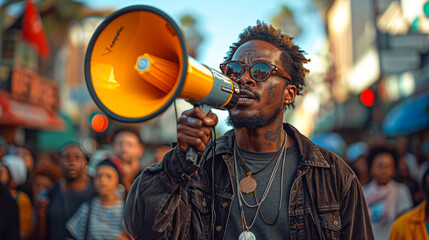 Naklejka premium Male guy voicing protest in the city.