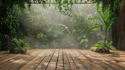 A wooden stage with plants and greenery on the sides, with an