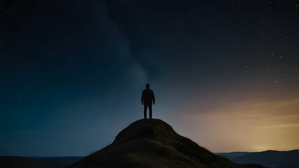 Man Standing on Hill Under Starry Night Sky