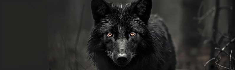 Fototapeta premium Black wolf walking through a forest with trees