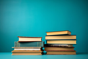 Pile of colorful books on table with plenty of empty space,  over muted color background