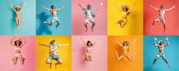 Summer people collection set, diverse people jumping on colorful background, many people funny jump wearing summer outfit fashion ready for swim and summer activity, summertime, beachwear AIG48