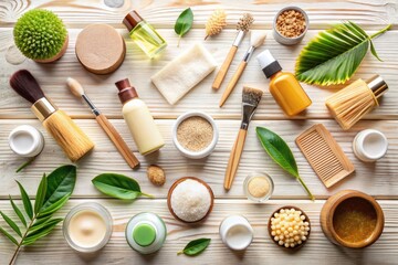 Natural spa and beauty products on wooden background