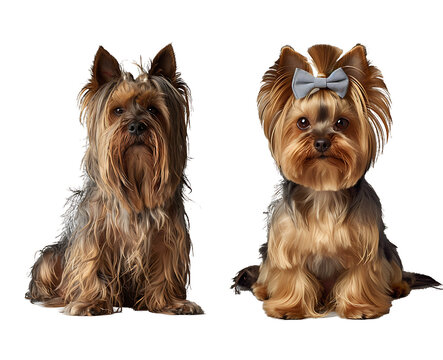 Two Yorkie Terrier dogs next to each other, one shaggy with dirty matted hair, the other neatly trimmed and combed, after a grooming salon, for advertising dog hairdressing salons