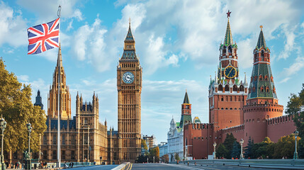 Naklejka premium A view of iconic landmarks including Big Ben and the Kremlin with a British flag fluttering under a blue sky