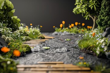 Close Up of Garden With Rocks and Plants. Generative AI