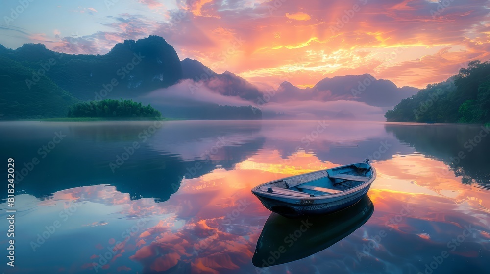 Aufkleber a boat is floating on a lake with a beautiful sunset in the background
