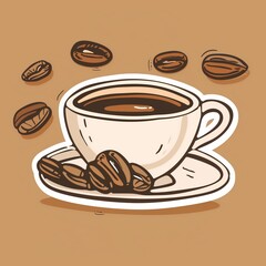 Obraz premium A barista's coffee cup and beans illustration style with normal colors sticker, white outline on a solid mocha background,