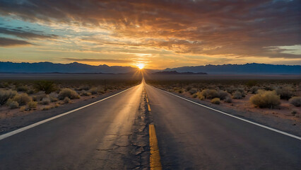 Fototapeta premium Sunrise Over a Lonely Desert Highway With Mountain Range in the Background