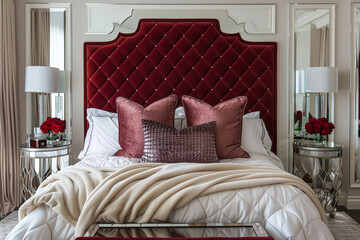 Chic art deco bedroom with a quilted red velvet headboard, mirrored side tables, and an ivory cashmere throw.