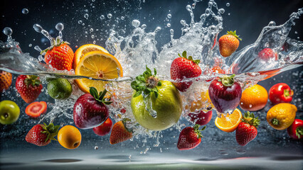 Various fruits plunging into water, creating dynamic splashes with a textured background