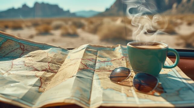 A map is laid out on a table with a cup of coffee and sunglasses