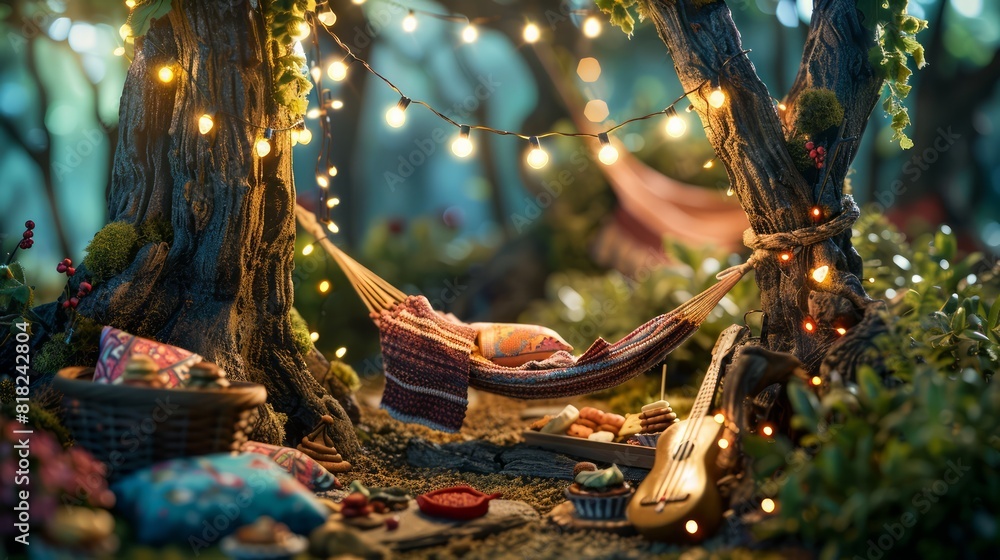 Aufkleber a small scene of a forest with a hammock and a guitar