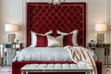 Chic art deco bedroom with a quilted red velvet headboard, mirrored side tables, and an ivory cashmere throw.