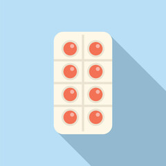 Simplistic graphic of a blister pack with red pills, cast shadow on a blue background