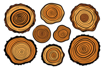 Tree ring wood circle set. Hand drawn tree ring pattern, line ripple circle wood texture. Wood organic slice line design. Vector