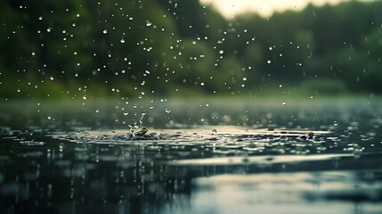 The gentle patter of raindrops creates a soothing splash as they fall onto the surface of a calm lake, .