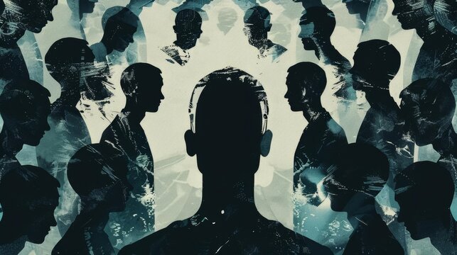 thoughtprovoking illustration explores media manipulation and crowd psychology dark silhouette surrounded by faceless figures concept illustration