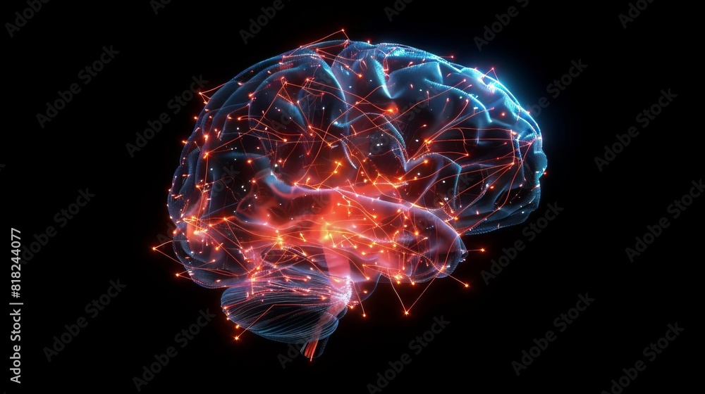 Poster translucent human brain scan with glowing neural pathways 3d illustrations