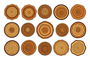 Tree ring wood circle set. Hand drawn tree ring pattern, line ripple circle wood texture. Wood organic slice line design. Vector