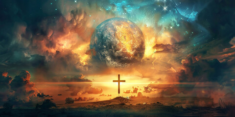 Christian cross appears bright in the sky background
