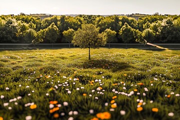 Obraz premium Lone Tree Standing Among Field of Flowers. Generative AI