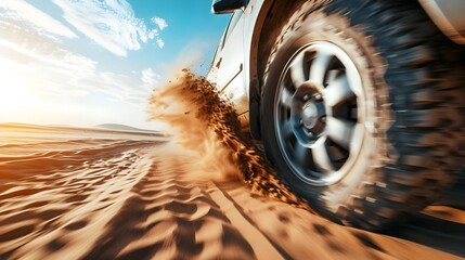 Close-up view of SUV wheel in desert sand with motion blur effect. 