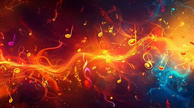 vibrant abstract music background with colorful floating musical notes and symbols digital art