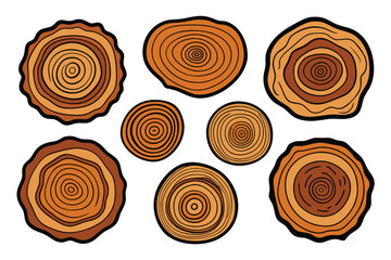 Tree ring wood circle set. Hand drawn tree ring pattern, line ripple circle wood texture. Wood organic slice line design. Vector