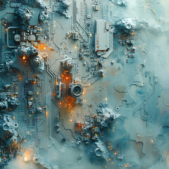 Vibrant Minimalist Art Piece Combining Abstract Textures and Technological Elements