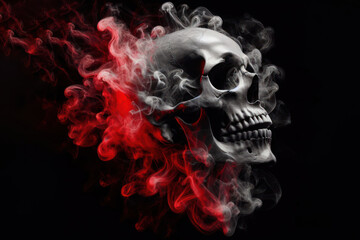 black and white skull in red smoke on dark background