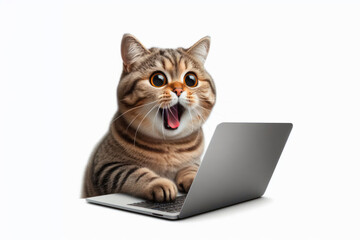 cat with funny face and open mouth work on laptop Isolated on white background copy space