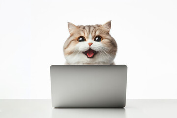 cat with funny face and open mouth work on laptop Isolated on white background copy space