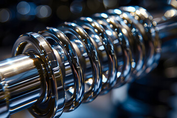 Close-up of chrome gym weights on barbell