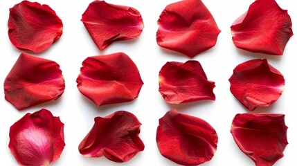 vibrant red rose petals arranged in a beautiful set isolated on white background