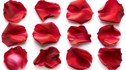 Fototapeta premium vibrant red rose petals arranged in a beautiful set isolated on white background